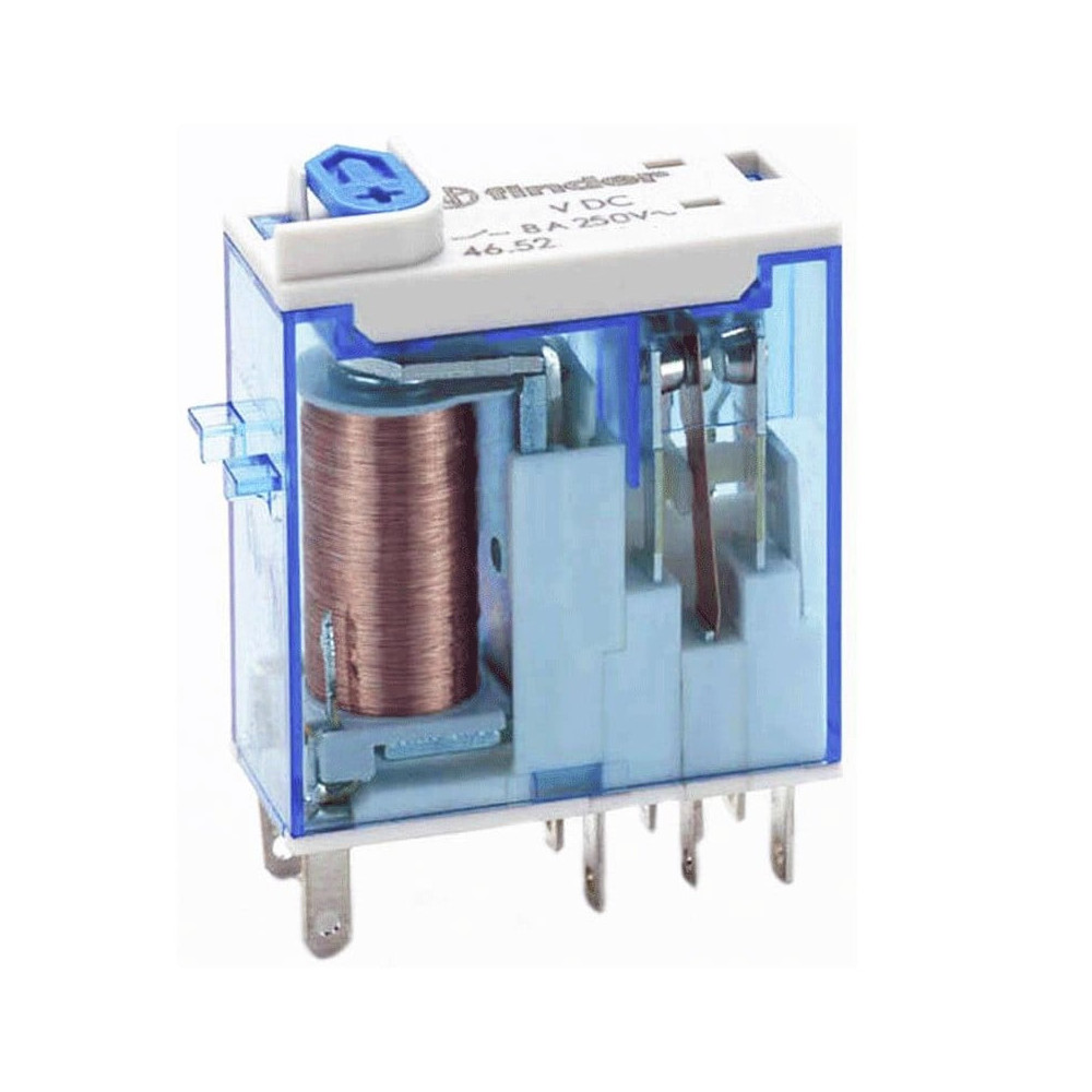 Relė Finder 465290240040 (24V DC, 8A/250VAC, 2 grupės, 46 serija, TEST, mechaninė indikacija) FINDER465290240040