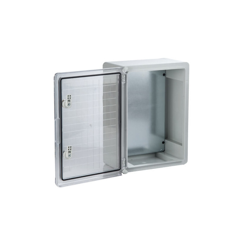 Plastikinė dėžė Plastim PP3021 (350x250x150, su skaidriomis durelėmis, pilka, IP65, IK08) N350X250X150SKAID