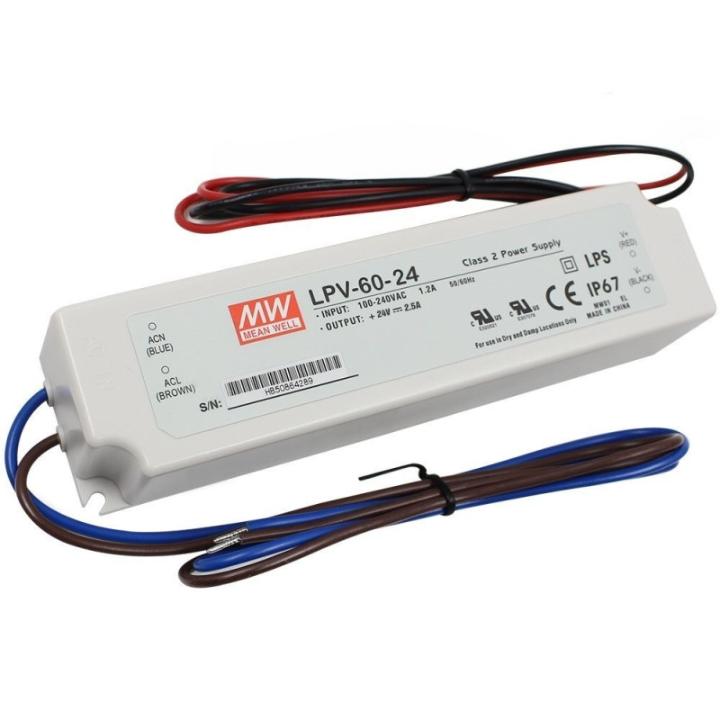 Impulsinis maitinimo &scaron;altinis LED 24V 60W 2.5A, IP67, MEAN WELL LPV-60-24 MWLPV6024