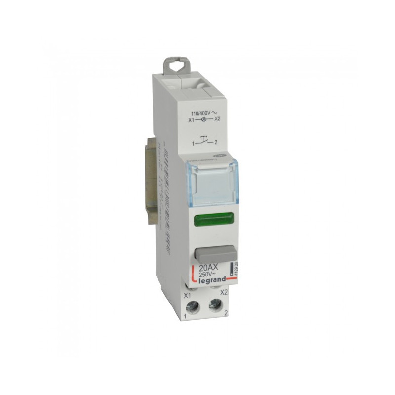 Mygtukas ant DIN bėgelio su indikacijos lempute Legrand 412920 (20A 100V/1 x N0 kontaktas) L412920