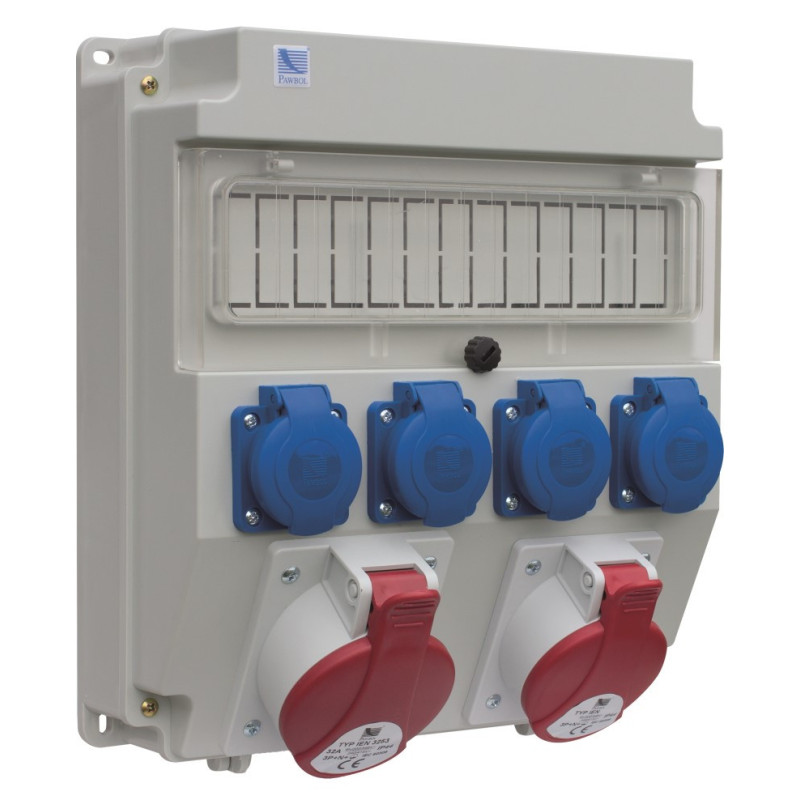 PawBol B.18.320-3-S plastikinė plok&scaron;tė 13 mod +ki&scaron;tukiniai lizdai (4x16A/250V 1x32A/5P 1x16A/5P) PAWBRBOX320R