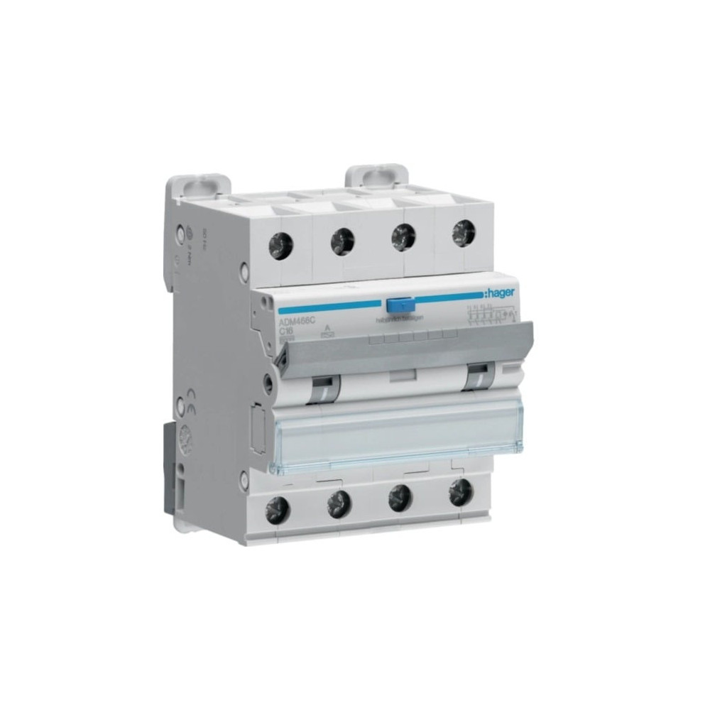 Srovės nuotėkio relė su automatiniu jungikliu Hager ADM466C (4P, 16A, C, A tipo, 30mA, 6kA) HADM466C