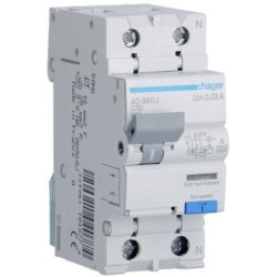 Srovės nuotėkio relė su automatiniu jungikliu Hager AD960J (2P, 10A, A tipo, 30mA, 230V) HAD960J