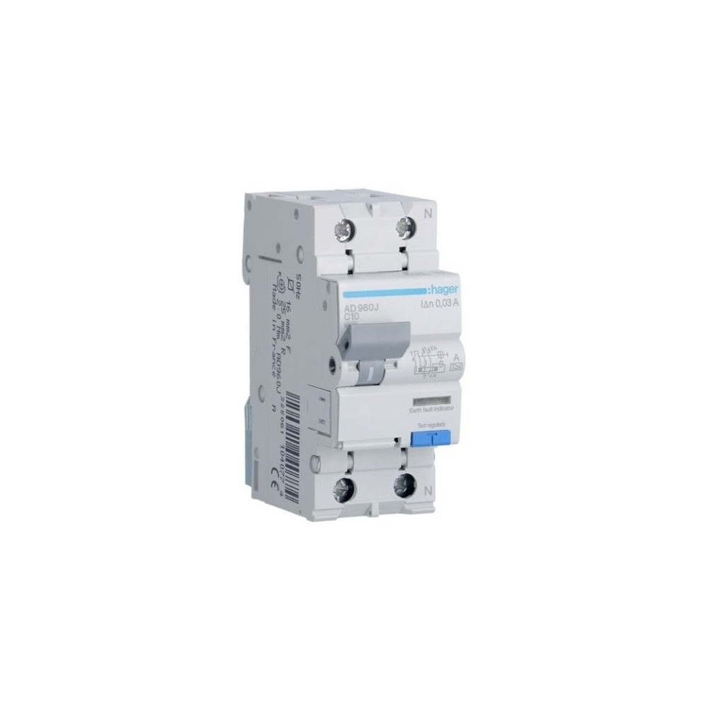 Srovės nuotėkio relė su automatiniu jungikliu Hager AD960J (2P, 10A, A tipo, 30mA, 230V) HAD960J