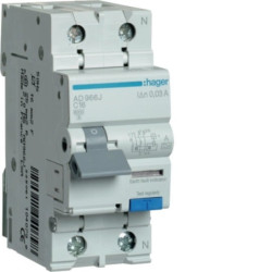 Srovės nuotėkio relė su automatiniu jungikliu Hager AD966J (2P, 16A, C, AC tipo, 1P+N, 6kA) HAAD966J