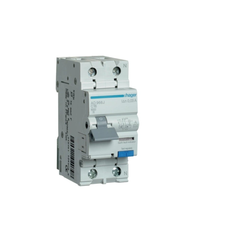 Srovės nuotėkio relė su automatiniu jungikliu Hager AD966J (2P, 16A, C, AC tipo, 1P+N, 6kA) HAAD966J